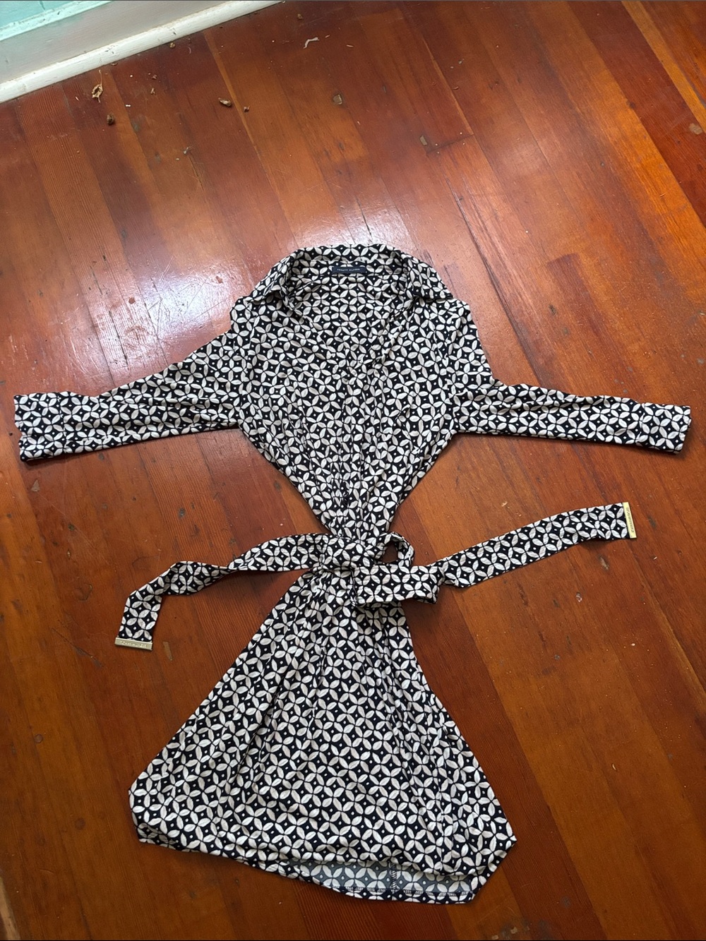 Tommy Hilfiger Black and White Geometric Long Sleeve Wrap Dress with Tie